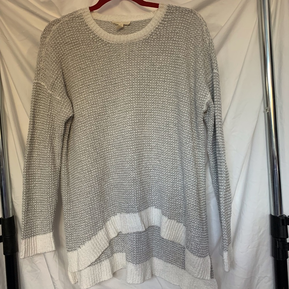 Eileen Fisher Gray and White Crew Neck 100% Organic Cotton Sweater